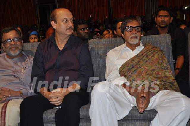 Amitabh, Anupam listen to Kailash Kher during the release of his new album "Kailasha Rangeele"