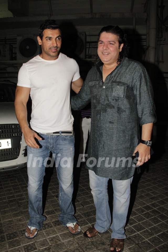 John Abraham and Sajid Khan at Vicky Donor special screening hosted by ...