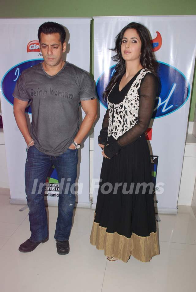 Bollywood actors Salman Khan and Katrina Kaif on the sets of Indian Idol in Mumbai. .