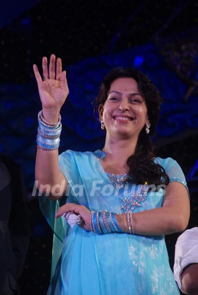 Bollywood actress Juhi Chawla promotes film Main Krishna Hun at Falguni Pathak Dandiya in Goregaon in Mumbai.