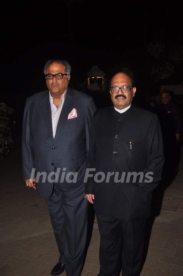 Boney Kapoor and Amar Singh pose for the media at Hinduja Bash