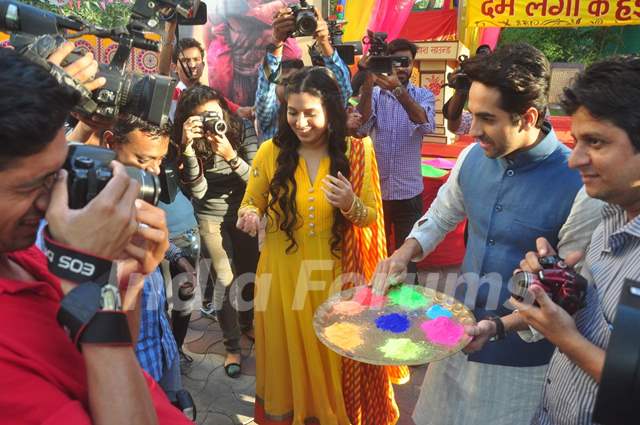 Ayushmann Khurrana and Bhumi Pednekar Celebrate Holi with the media