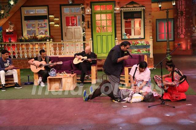 Shankar Ehsaan Loy on the sets of The Kapil Sharma Show