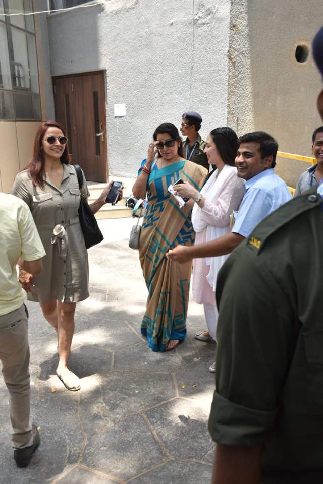Hema Malini and her daughters were spotted outside polling centre