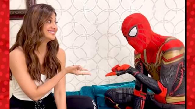 Shilpa Shetty and a person dressed as Spider man