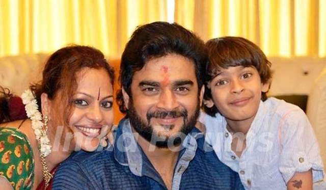 R. Madhavan with his wife and son
