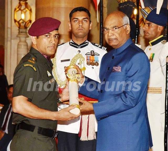 Mahendra Singh Dhoni while receiving Padma Bhushan Award
