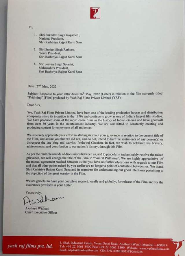 Yash Raj's letter