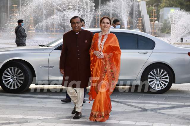 Mukesh Ambani, and wife Nita Ambani spotted at Radhika Merchant’s Arangetram Ceremony at Jio World Centre 