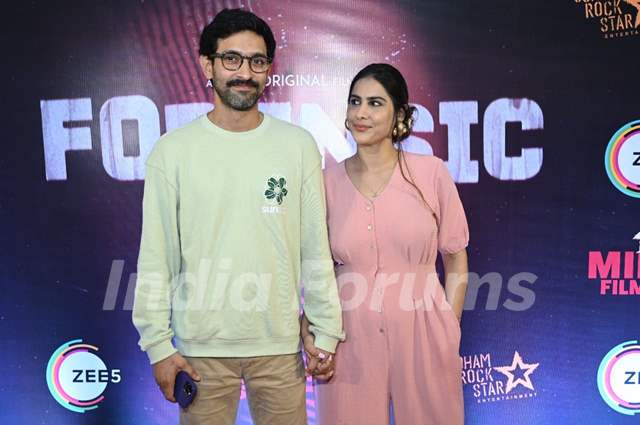Vikrant Massey poses with wife Sheetal Thakur at the premiere of film Forensic