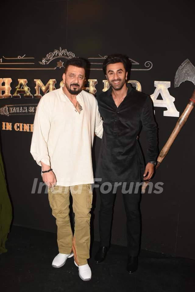 Sanjay Dutt poses with Ranbir Kapoor snapped at the promotions of Shamshera