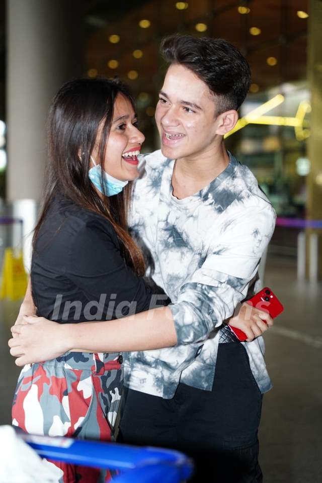 Jannat Zubair Rahmani poses with Ayaan Zubair Rahmani at the Mumbai airport