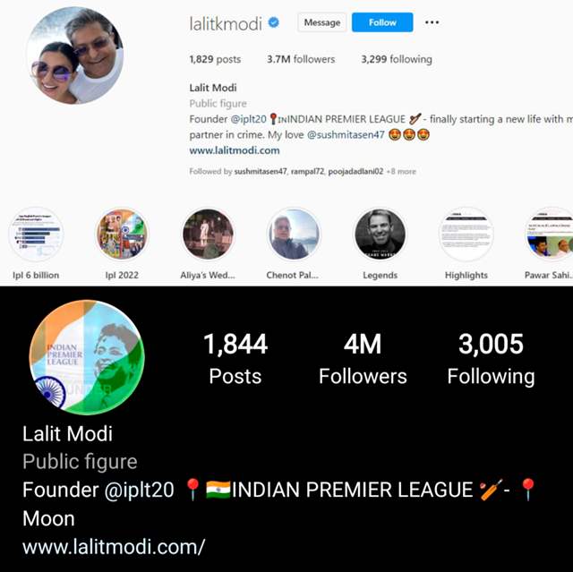 Lalit Modi's Instagram post then vs now