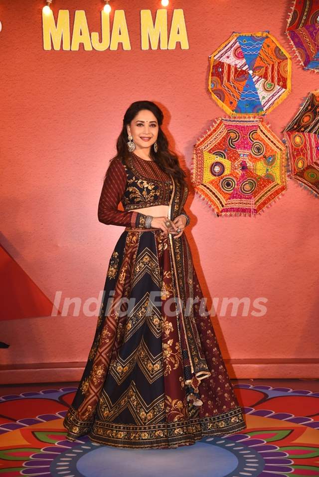 Madhuri Dixit giving us garba vibes in a colorful Chaniya Choli as she was spotted at the trailer launch of film Maja Ma