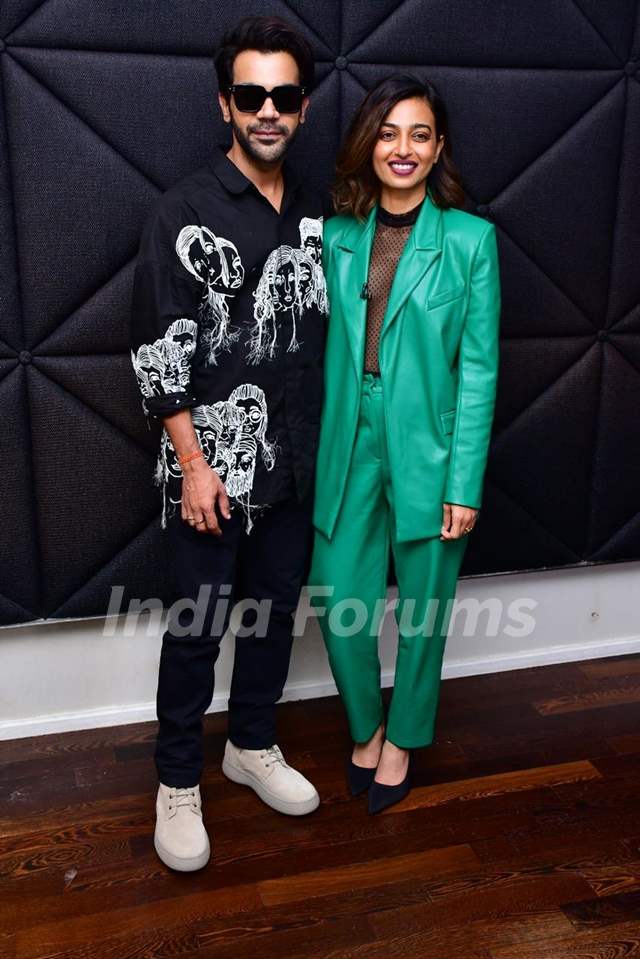 Rajkummar Rao looks super cool in a graphic print black shirt while Radhika Apte gives boss babe vibes in a latex green pant suit during the  promotions of their upcoming film Monica O My Darling