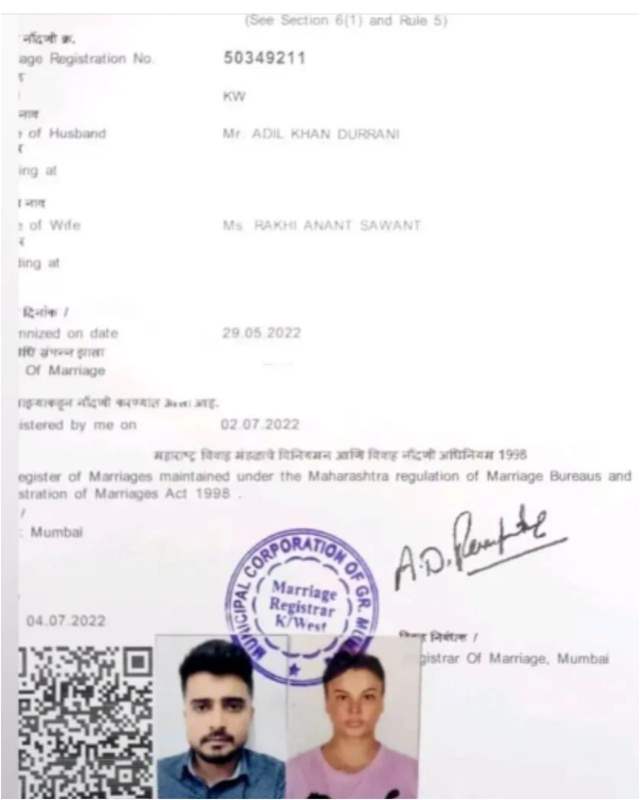 Rakhi- Adil's marriage certificate