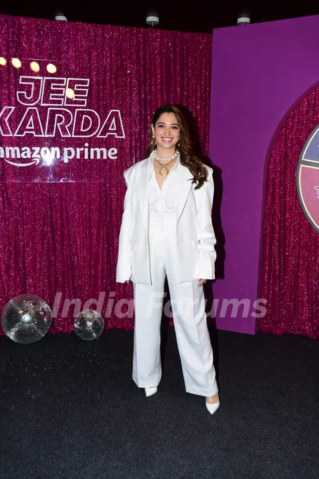 Tamannaah Bhatia snapped promoting Jee Karda in the city she aced the formal aesthetic in a pantsuit, with peal necklace 