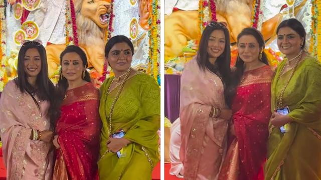 Rupali Ganguly Dazzles at Durga Puja Alongside Rani Mukerji and Jyoti Mukherji