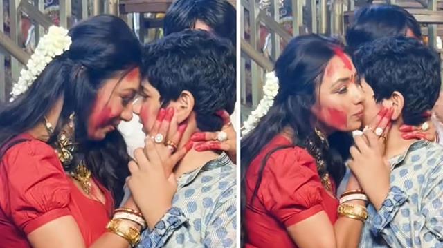 Rupali Ganguly Seen Celebrating Sindoor Khela with Son at Durga Puja Pandal