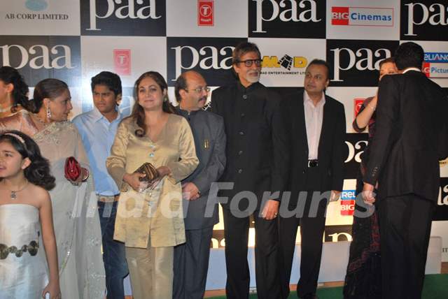 Bollywood actors Jaya Bachchan, Tina Ambani, Samajwadi Party general secretary Amar Singh, Amitabh Bachchan and Anil Ambani at the premiere of film &quot;Paa&quot;