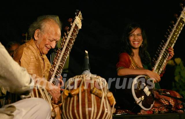 Sitar player Pt Ravi Shankar and his daughter Anoushka Shankar at the concert ''''Music in the Park'''', in New Delhi on Saturday (IANS: Photo)