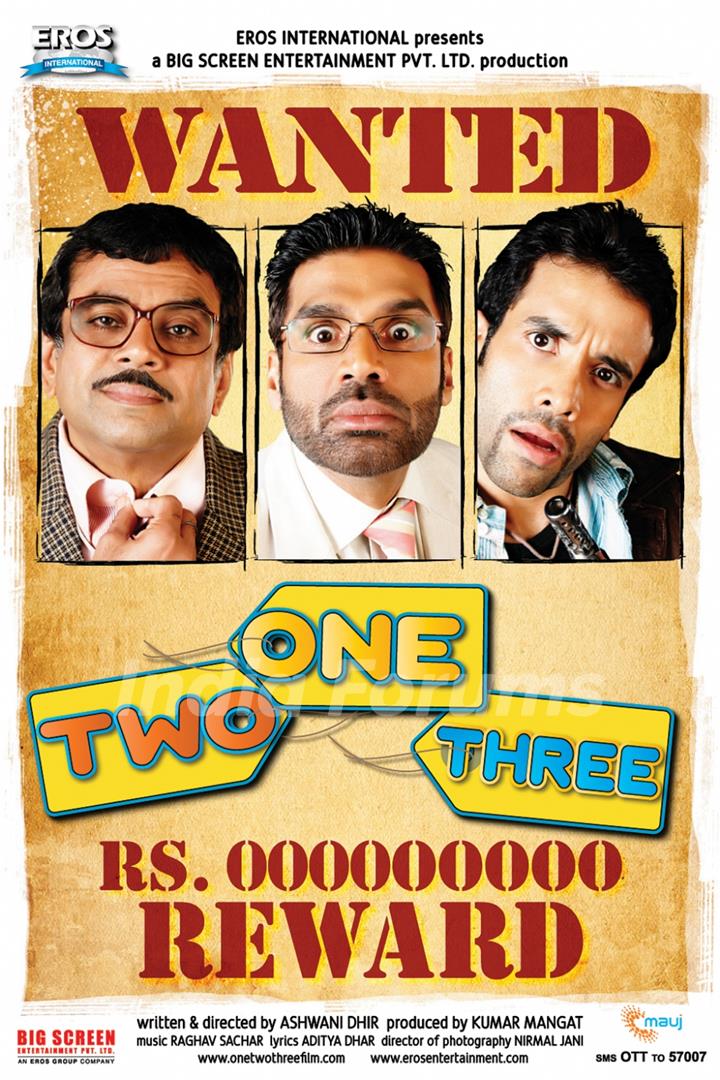 One Two Three poster introducing Paresh Rawal,Sunil Shetty and Tusshar Kapoor