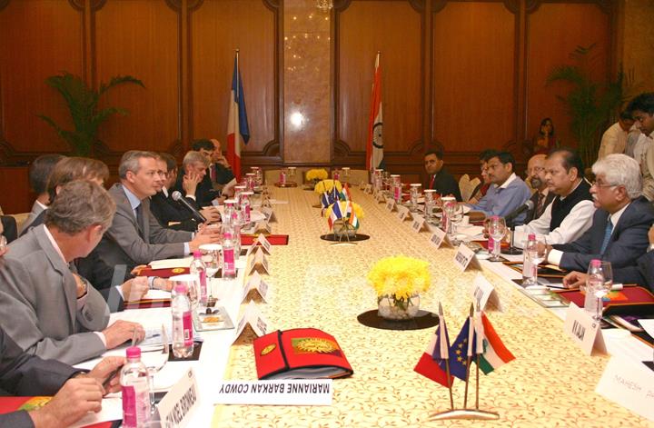 Food Processing Industries Minister Subodh Kant Sahai with Bruno Le Maire, Minister for Food, Agriculture and Fisheries, France, at a delegation talks in New Delhi on Thursday