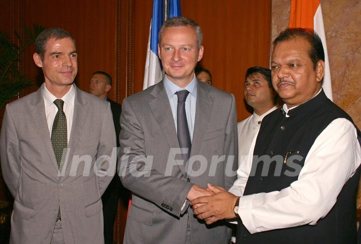 Food Processing Industries Minister Subodh Kant Sahai with Bruno Le Maire, Minister for Food, Agriculture and Fisheries, France and France Ambassador to India Jerome Bunnafont at a delegation talks in New Delhi on Thursday