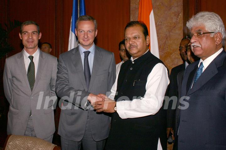 Food Processing Industries Minister Subodh Kant Sahai with Bruno Le Maire, Minister for Food, Agriculture and Fisheries, France,also in picture France Ambassador to India Jerome Bunnafont and Rakesh Bharti Mittal at a delegation talks in New