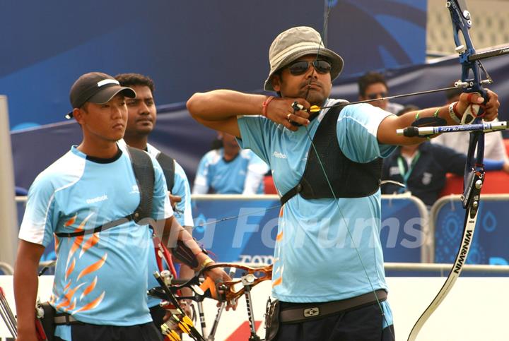 Bronze medallists  Rahul Banerjee, Tarundeep Rai and Javanta Taludkar during  the Men's Team Recurve event at the 19th Commonwealth Games