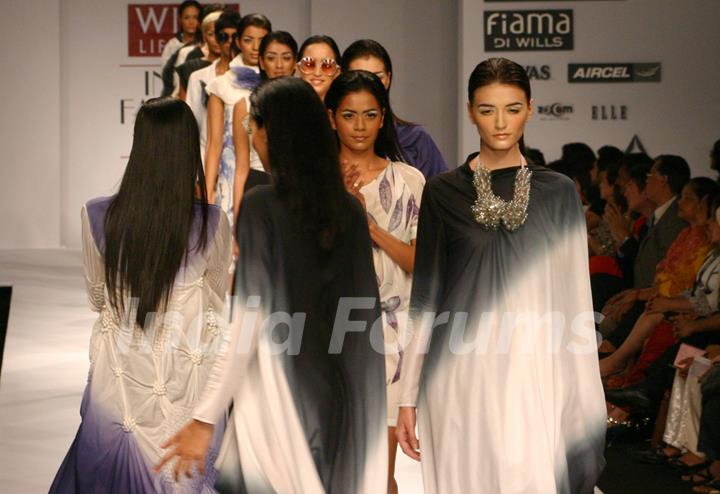 Models showcasing designers Pankaj & Nidhi's  creations at the Wills Lifestyle India Fashion Week-Spring summer 2011,in New Delhi on Sunday