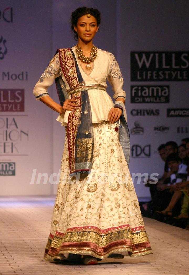 A model showcasing a designer Anju Modi's  creation at the Wills Lifestyle India Fashion Week-Spring summer 2011,in New Delhi on Sunday