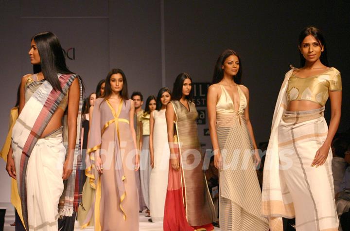 Models showcasing  designer Wendell Rodricks,s  creations at the Wills Lifestyle India Fashion Week-Spring summer 2011,in New Delhi on Sunday