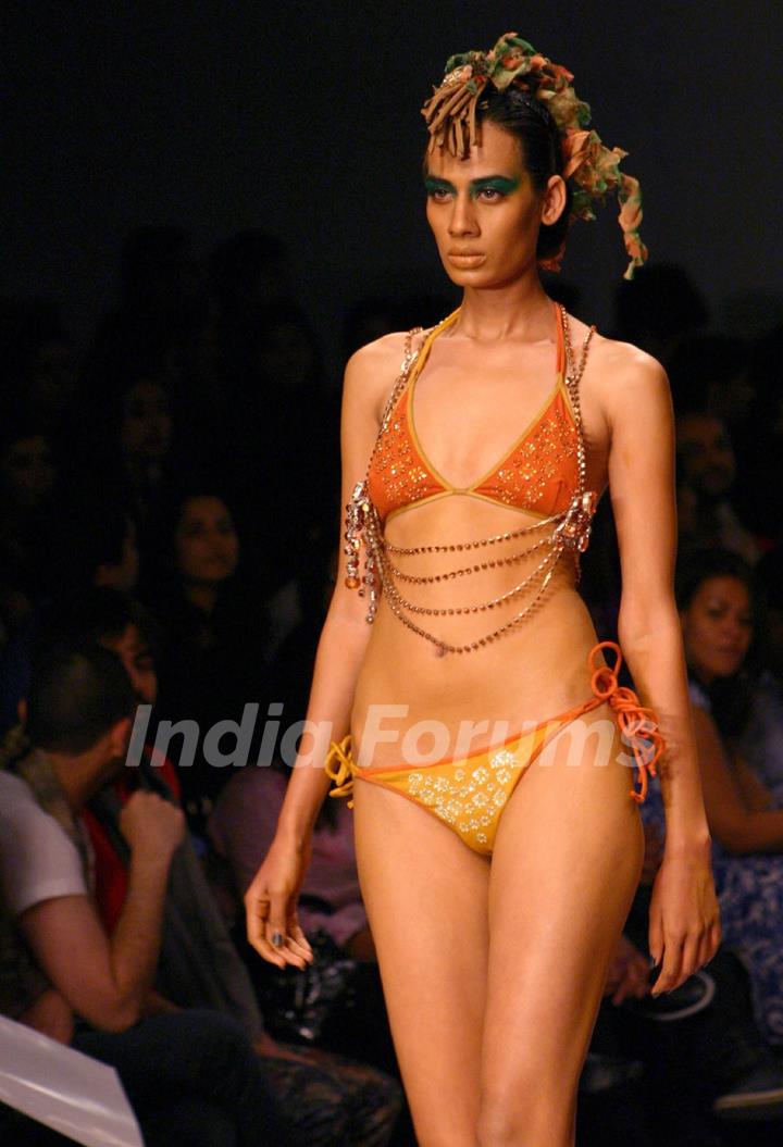 A model showcasing a designer Sanchita's creation at the Wills Lifestyle India Fashion Week-Spring summer 2011, in New Delhi on Monday