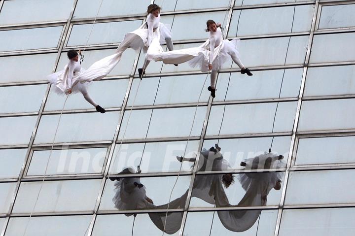 American Dance troupe Project Bandaloop during their aerial dance performance at LIC Building,in New Delhi on Friday