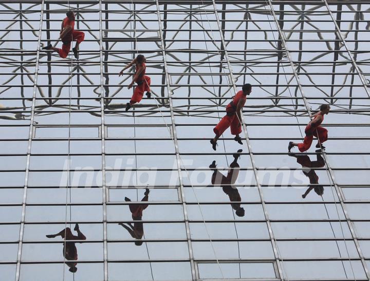 American Dance troupe Project Bandaloop during their aerial dance performance at LIC Building,in New Delhi on Friday