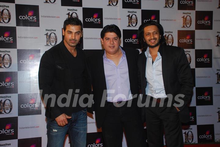 John Abraham, Sajid Khan and Ritesh Deshmukh at ITA Awards.  .