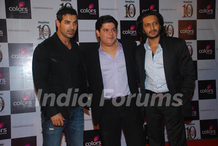 John Abraham, Sajid Khan and Ritesh Deshmukh at ITA Awards.  .