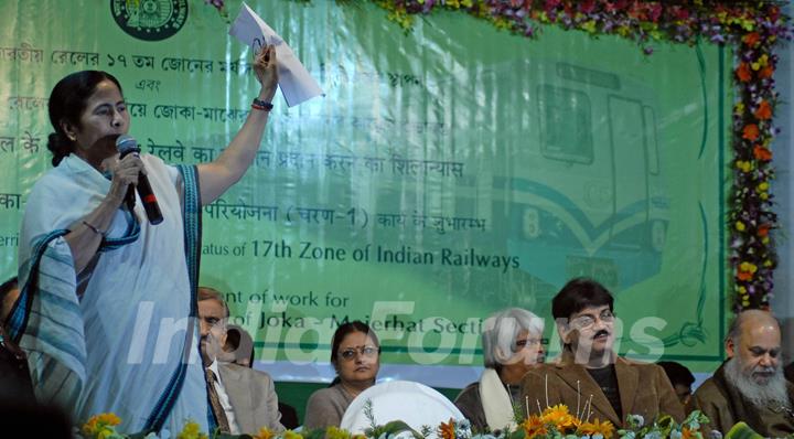 Railway minister Mamata Banerjee adresses the media during a foundation stone laying function to confer the status of 17th Indipendent Zonal Railway in Kolkata and commencement of work for Joka-BBD Bag metro rail project (phase-1) of Joka ...