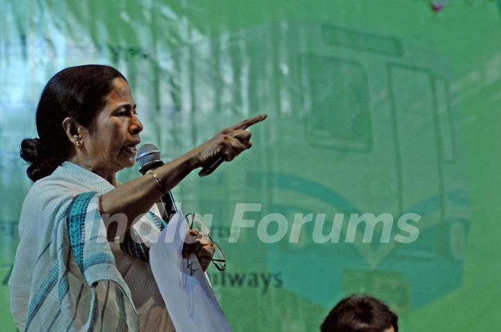 Railway minister Mamata Banerjee adresses the media during a foundation stone laying function to confer the status of 17th Indipendent Zonal Railway in Kolkata and commencement of work for Joka-BBD Bag metro rail project (phase-1) of Joka ...