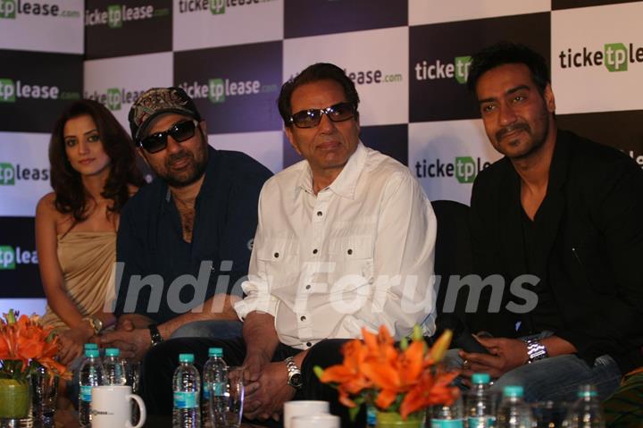 Sunny Deol and Dharmendra launched Ajay Devgan's new online venture ticketplease.com at Hotel JW Marriott in Juhu, Mumbai