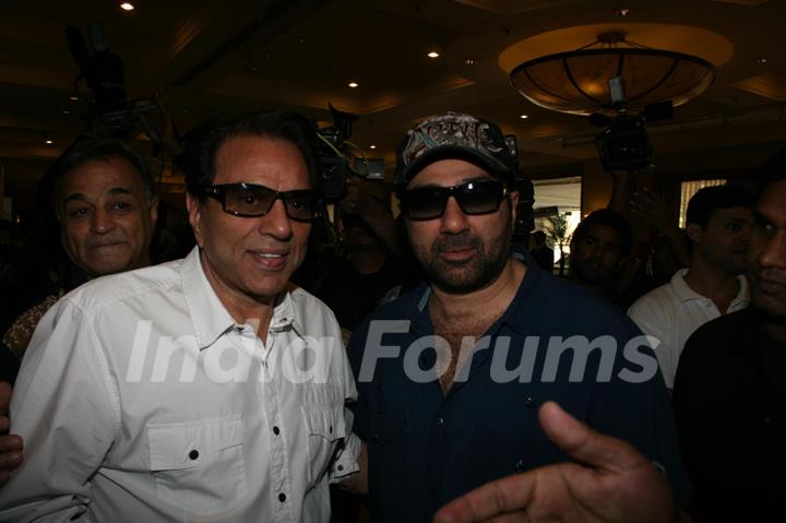 Sunny Deol and Dharmendra launched Ajay Devgan's new online venture ticketplease.com at Hotel JW Marriott in Juhu, Mumbai