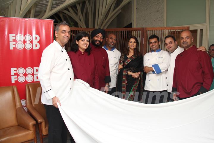 L-R Chef Nitin, Chef Shilarna , Chef Ganesh Harpal, Chef Max, Madhuri Dixit at &quot;Food Food&quot; Channel