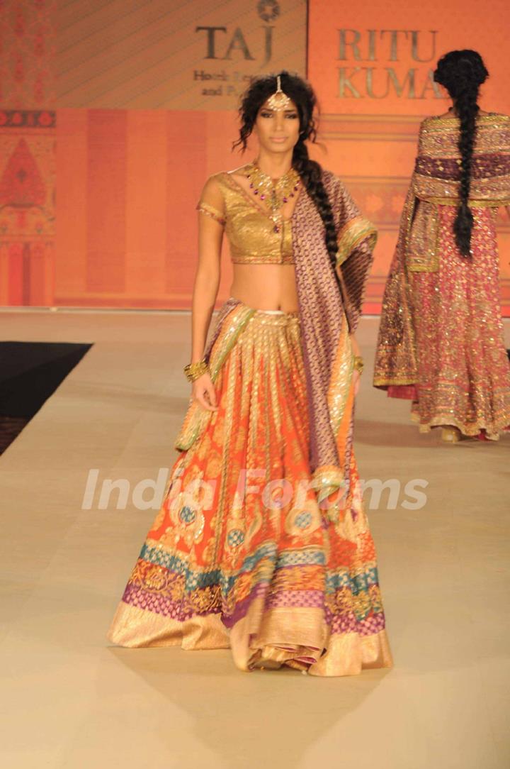 Models walking on the ramp for Ritu Kumar fashion show at Taj land's End. .