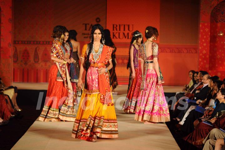 Models walking on the ramp for Ritu Kumar fashion show at Taj land's End. .