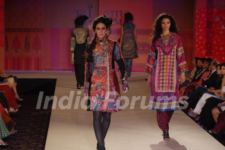 Models walk the ramp for Ritu Kumar fashion show at Taj land's End, Bandra in Mumbai