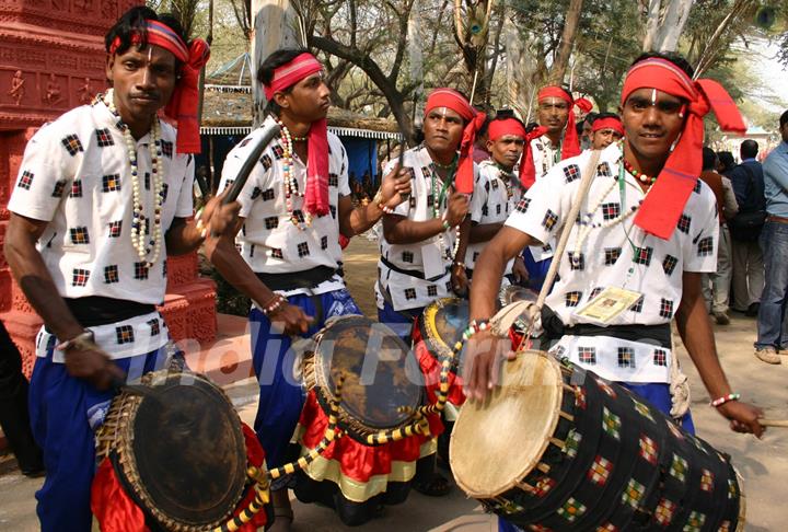 Folk artists at the press perview of Suraj Kund Mela 2011 in Faridabad on Monday 31 Jan 2011. .