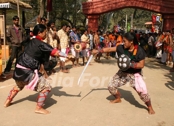 Folk artists at the press perview of Suraj Kund Mela 2011 in Faridabad on Monday 31 Jan 2011. .