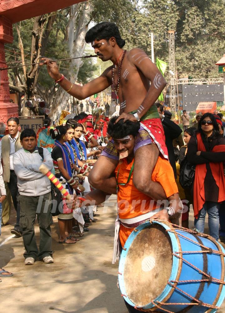 Folk artists at the press perview of Suraj Kund Mela 2011 in Faridabad on Monday 31 Jan 2011. .