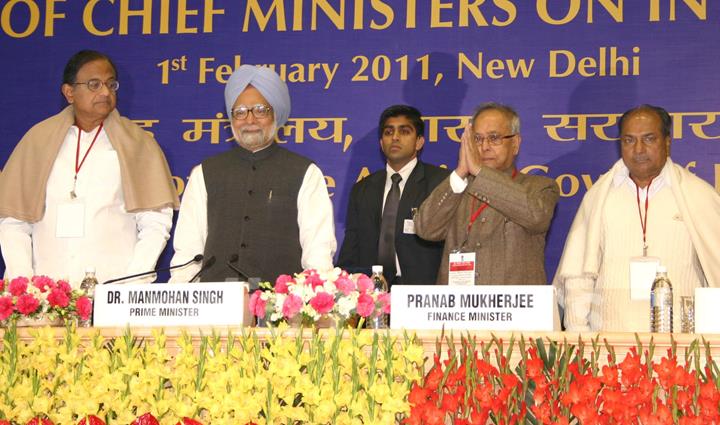 Prime Minister Dr. Manmohan Singh with Home Minister P. Chidambaram, Defence Minister A.K.Antony and Finance Minister Paranav Mukherjee at the Chief Ministers  Conference, in New Delhi on Tuesday. .